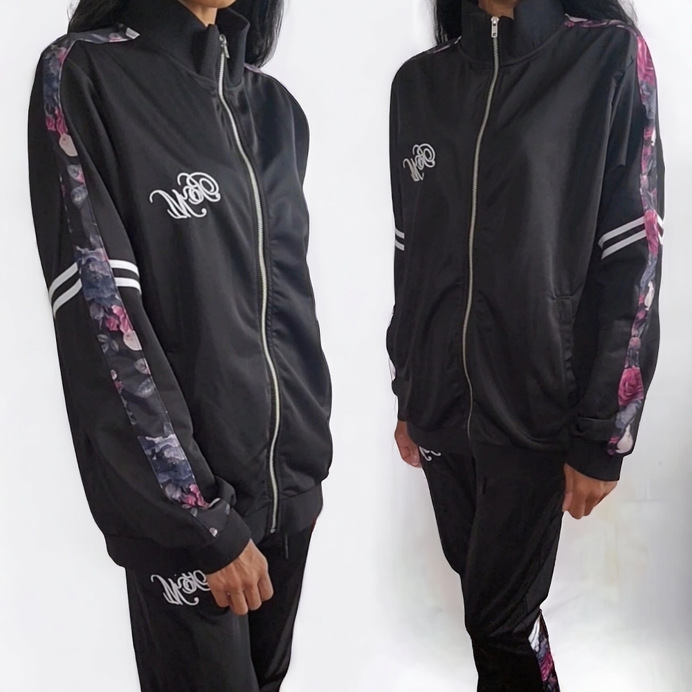 Unisex Funnel Neck Tracksuit Black with Floral Design Size Large by BoohooMAN
